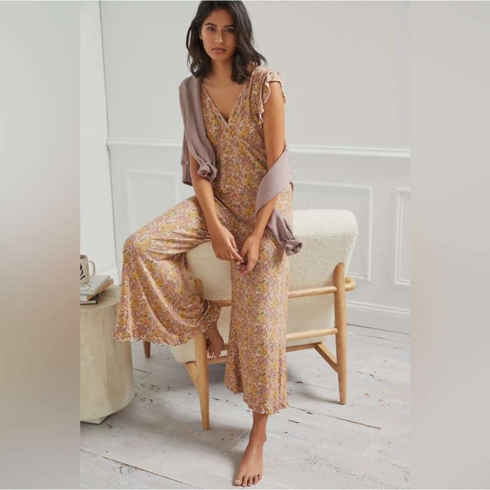 Anthropologie Floral Yellow Pink V-Neck Wide-Leg Jumpsuit